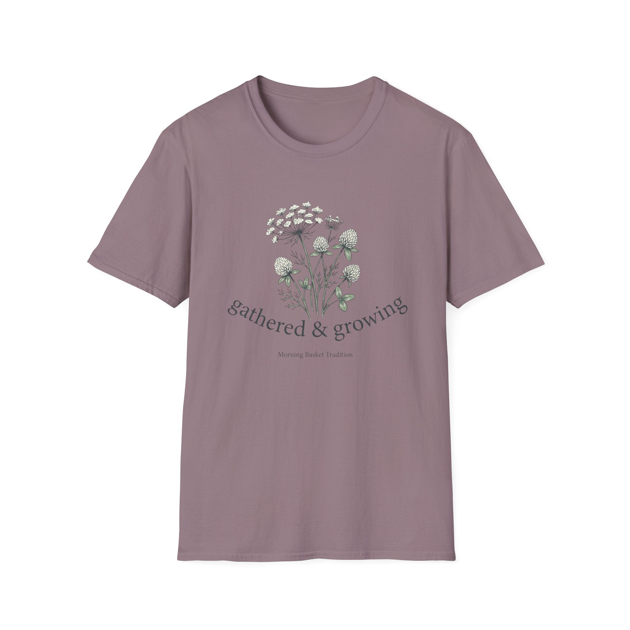 Gathered & Growing homeschool mom graphic t-shirt with a gathered-at-home inspired graphic with books, florals, and cozy family learning details