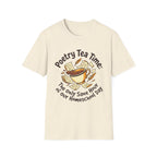 Poetry Tea Time homeschool mom graphic t-shirt with a cozy poetry teatime graphic with tea, books, and vintage homeschool charm