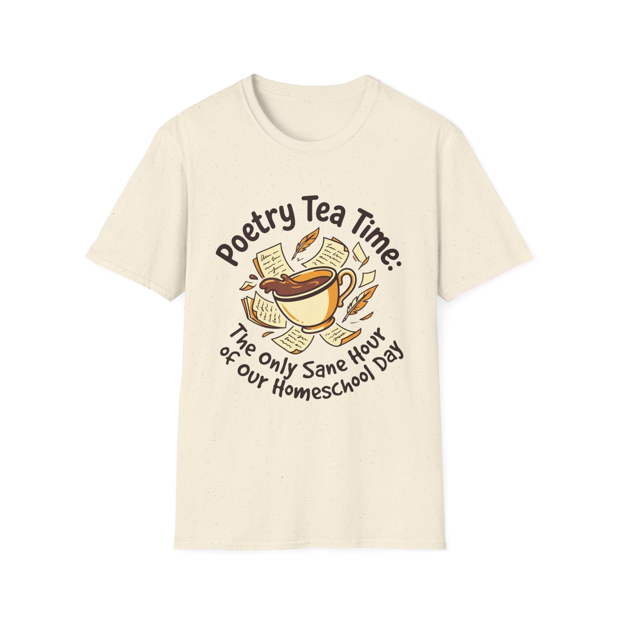 Poetry Tea Time homeschool mom graphic t-shirt with a cozy poetry teatime graphic with tea, books, and vintage homeschool charm