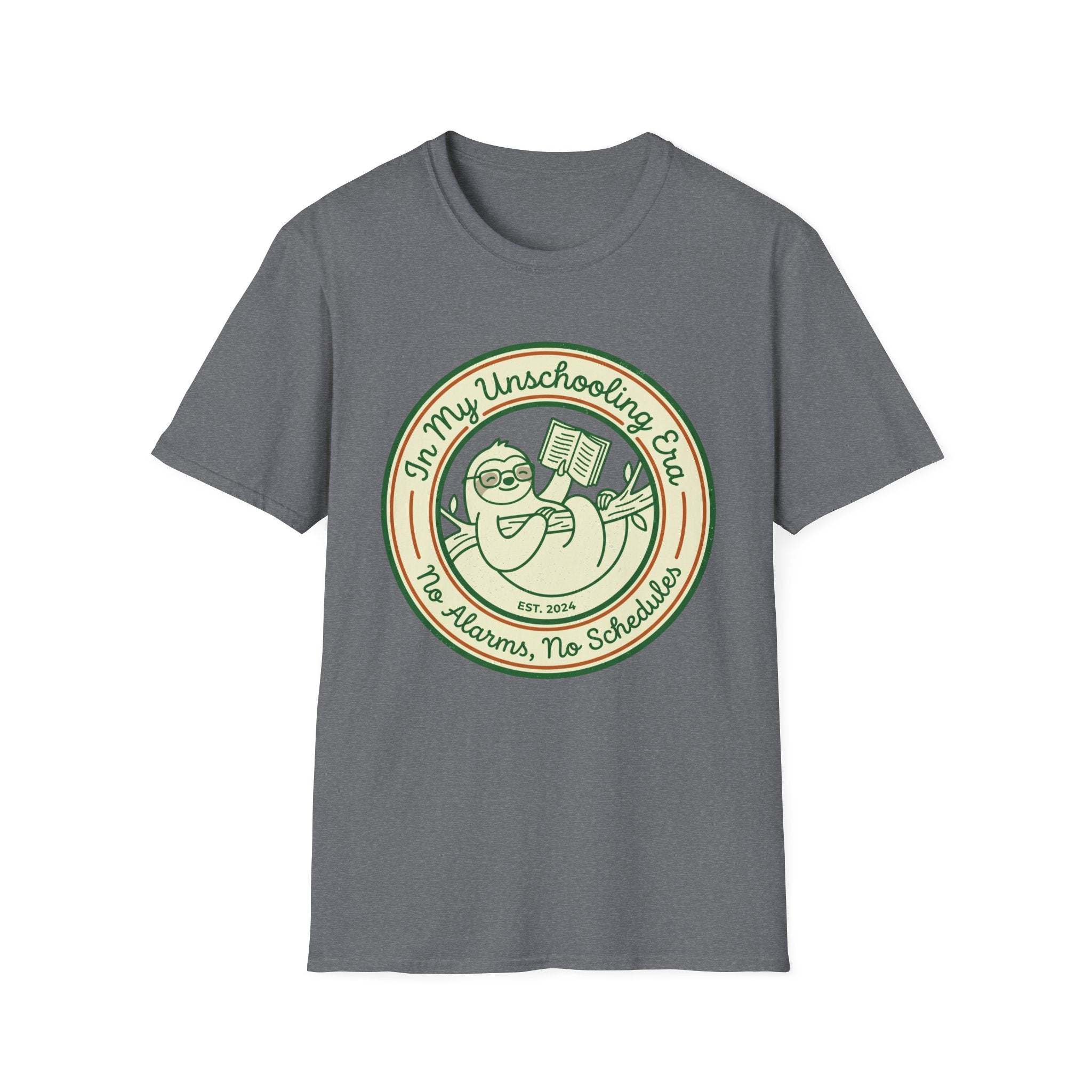 In My Unschooling Era homeschool mom graphic t-shirt with an adventurous homeschool graphic with nature, books, and outdoor learning energy