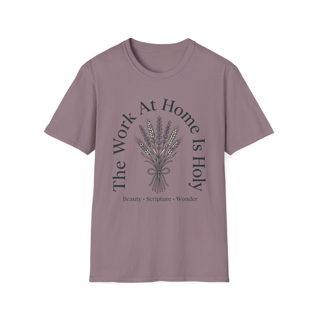 The Work At Home homeschool mom graphic t-shirt with a gathered-at-home inspired graphic with books, florals, and cozy family learning details