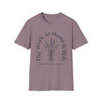 The Work At Home homeschool mom graphic t-shirt with a gathered-at-home inspired graphic with books, florals, and cozy family learning details