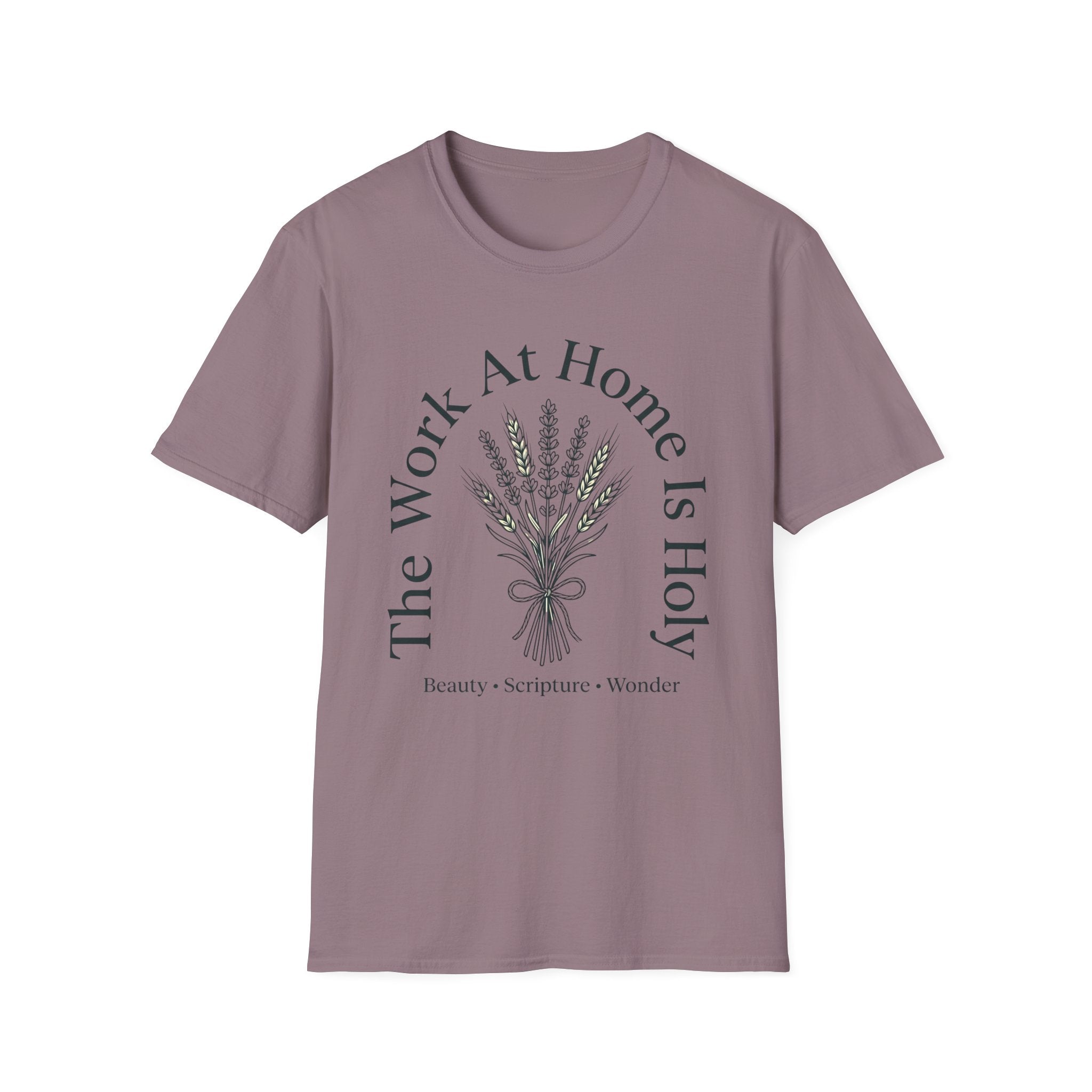 The Work At Home homeschool mom graphic t-shirt with a gathered-at-home inspired graphic with books, florals, and cozy family learning details