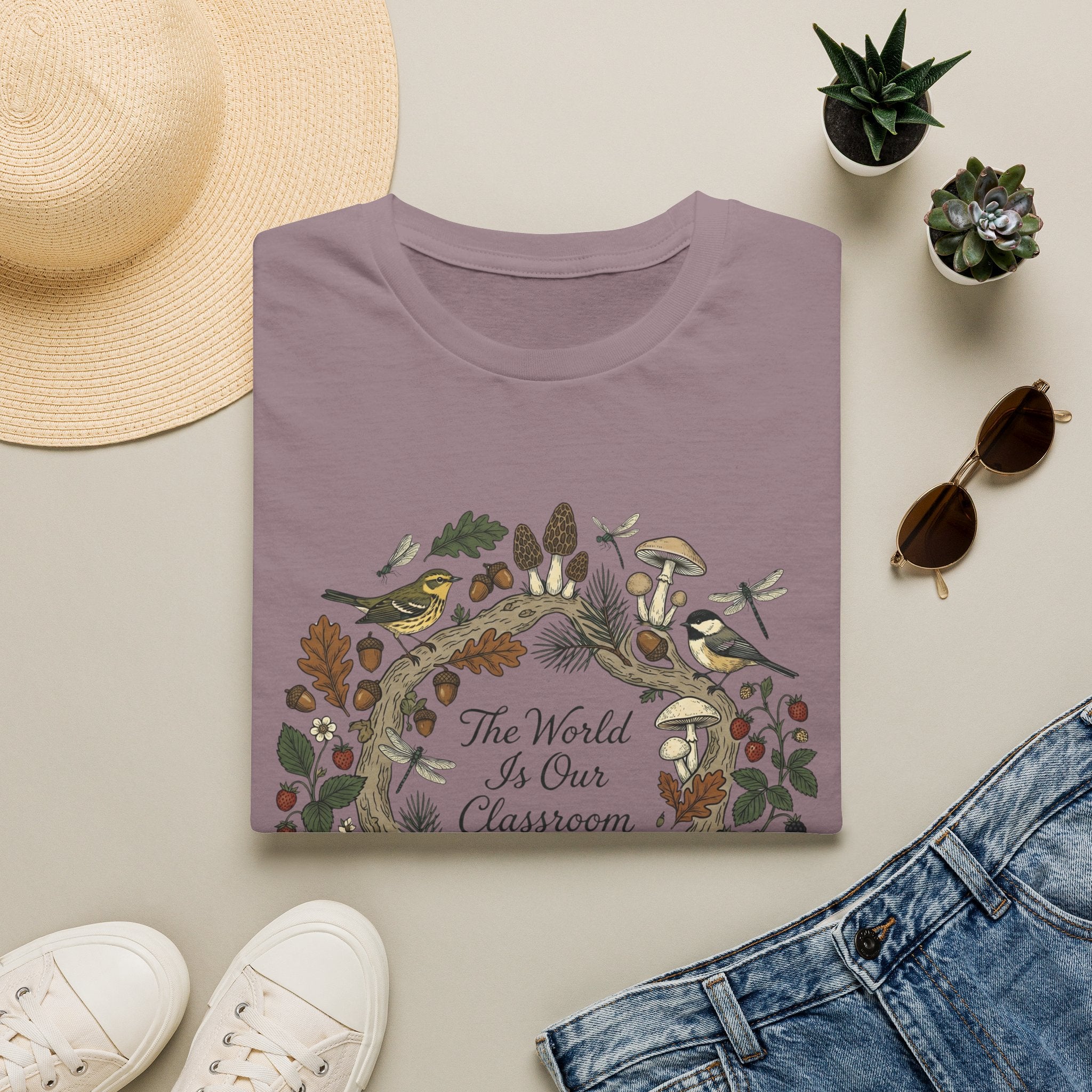 The World Is Our Classroom homeschool mom graphic t-shirt with an adventurous homeschool graphic with nature, books, and outdoor learning energy