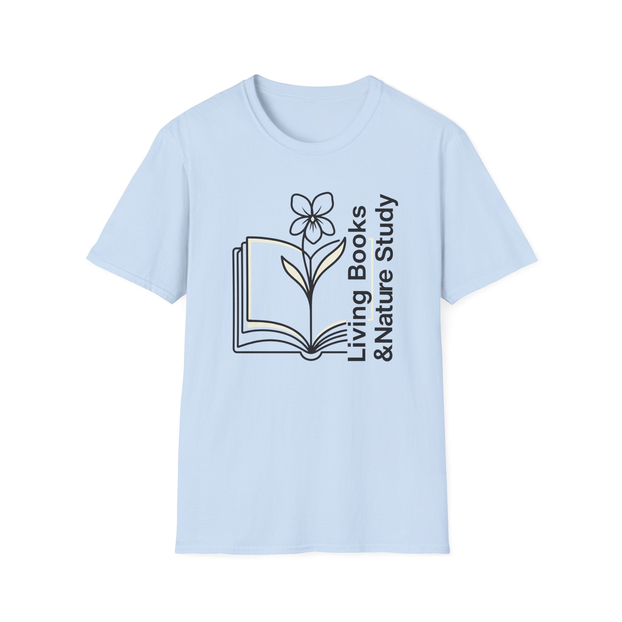 Living Books Nature Study with Flower homeschool mom graphic t-shirt with a Charlotte Mason-inspired design with books, nature details, and vintage homeschool charm