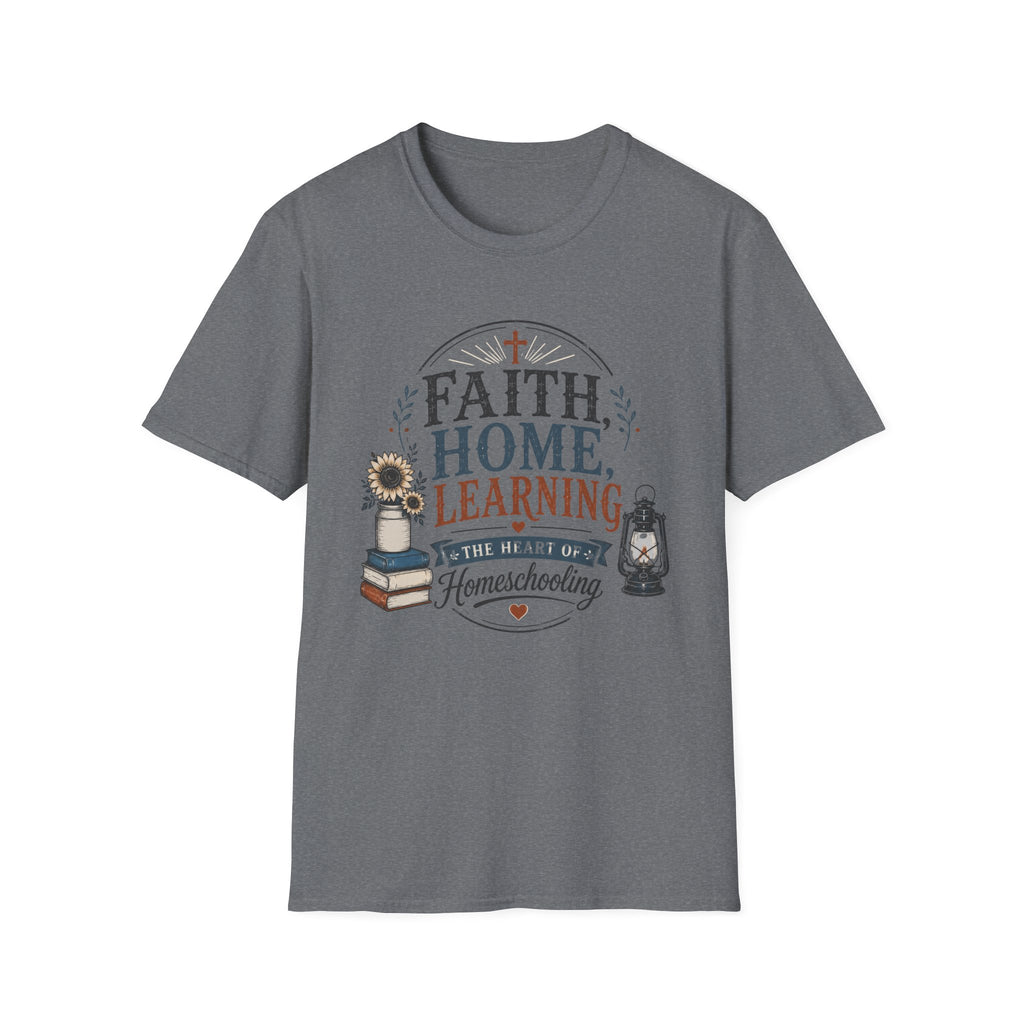 Faith Home Learning homeschool mom graphic t-shirt with a faith-filled homeschool design with gentle lettering and classic illustrative details
