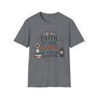 Faith Home Learning homeschool mom graphic t-shirt with a faith-filled homeschool design with gentle lettering and classic illustrative details
