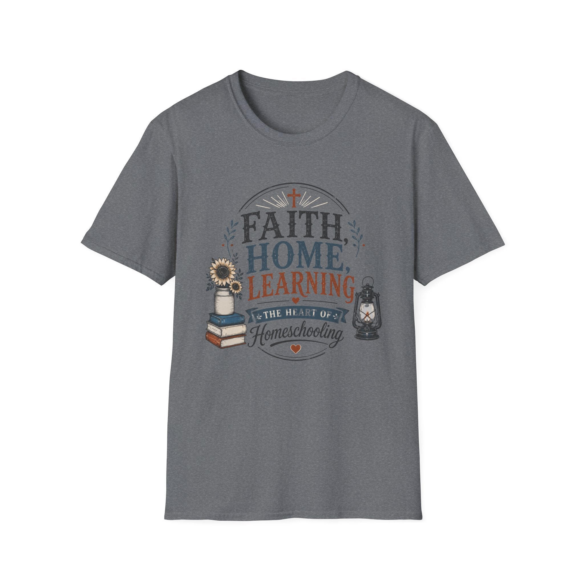Faith Home Learning homeschool mom graphic t-shirt with a faith-filled homeschool design with gentle lettering and classic illustrative details