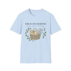 This Is Our Morning homeschool mom graphic t-shirt with a gathered-at-home inspired graphic with books, florals, and cozy family learning details