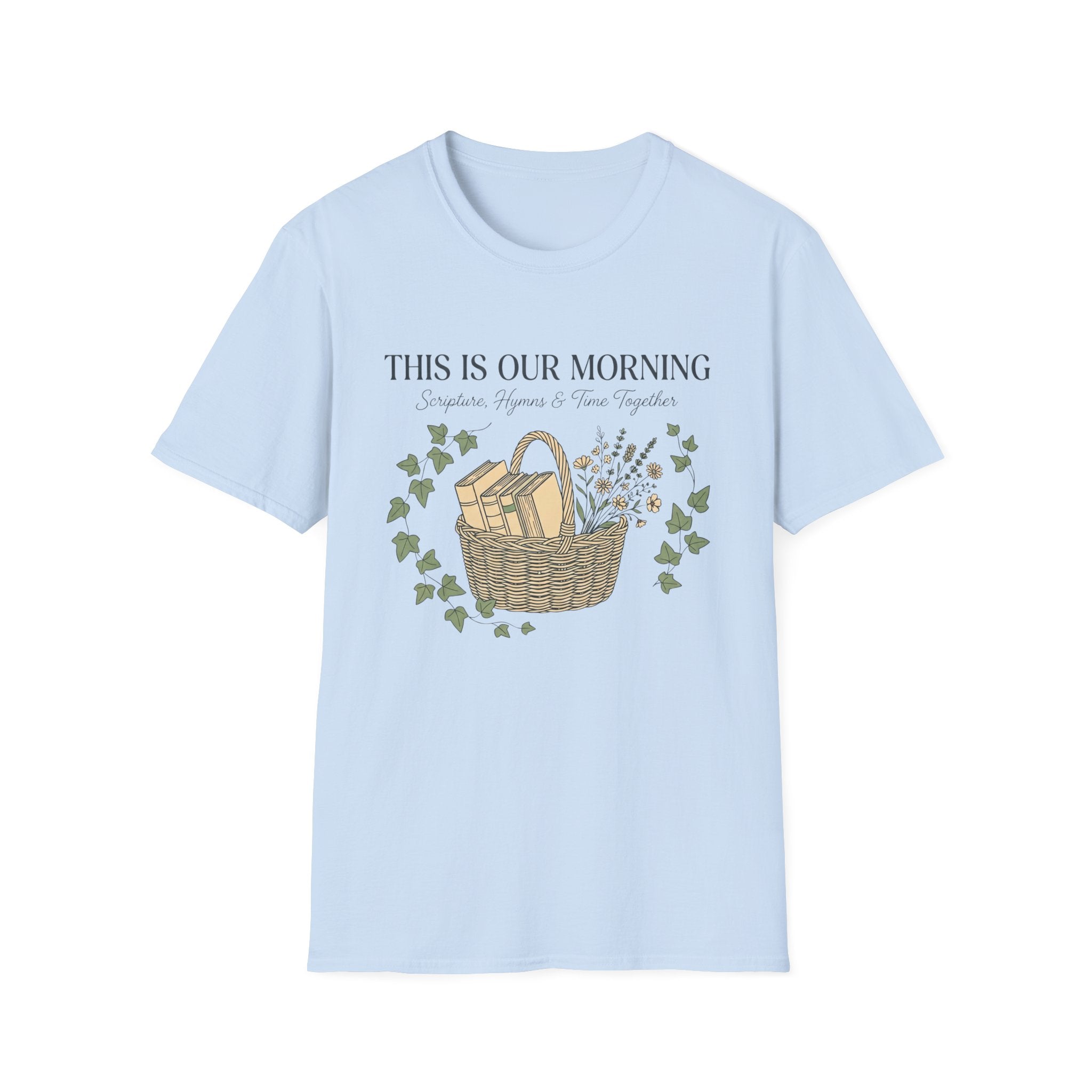 This Is Our Morning homeschool mom graphic t-shirt with a gathered-at-home inspired graphic with books, florals, and cozy family learning details