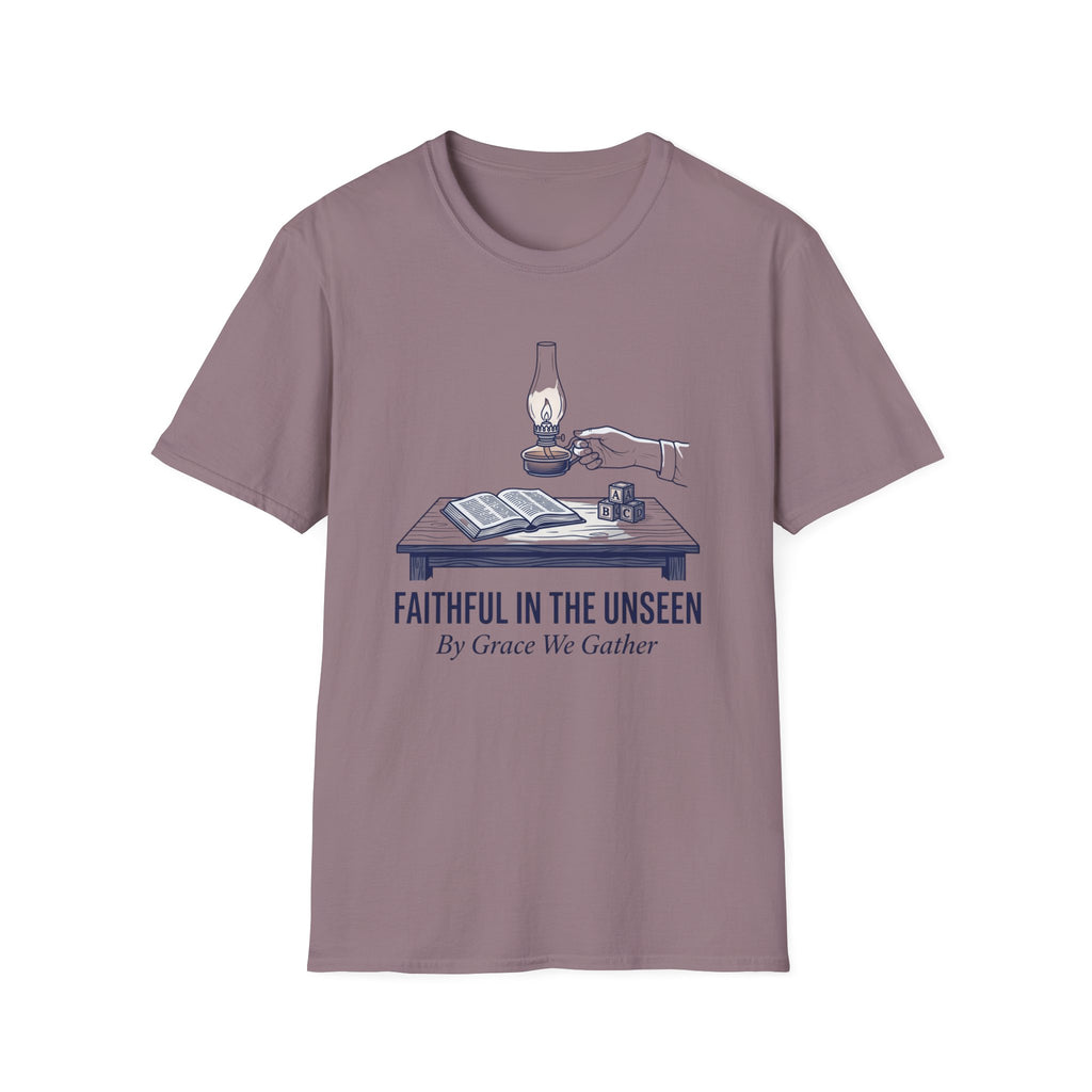 Faithful In The Unseen homeschool mom graphic t-shirt with a faith-filled homeschool design with gentle lettering and classic illustrative details