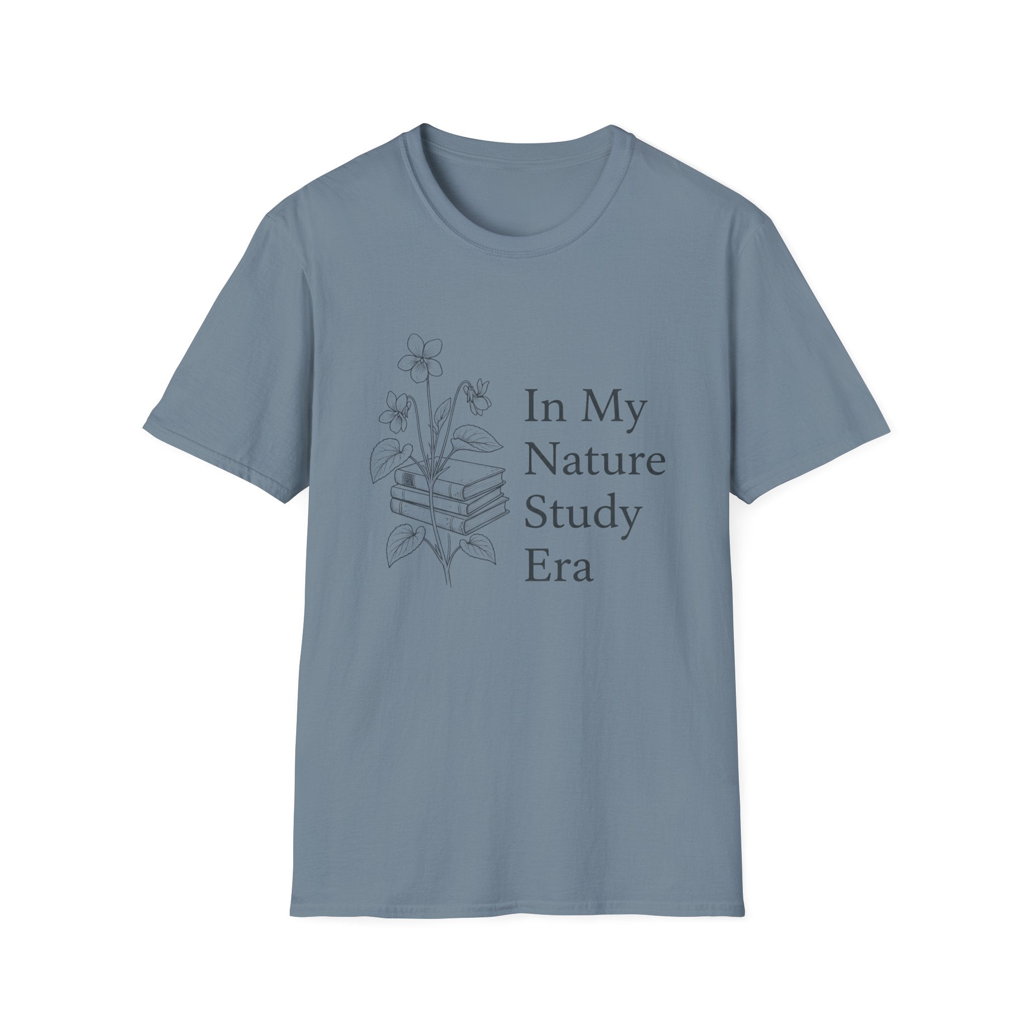 Nature Study Era homeschool mom graphic t-shirt with a Charlotte Mason-inspired design with books, nature details, and vintage homeschool charm