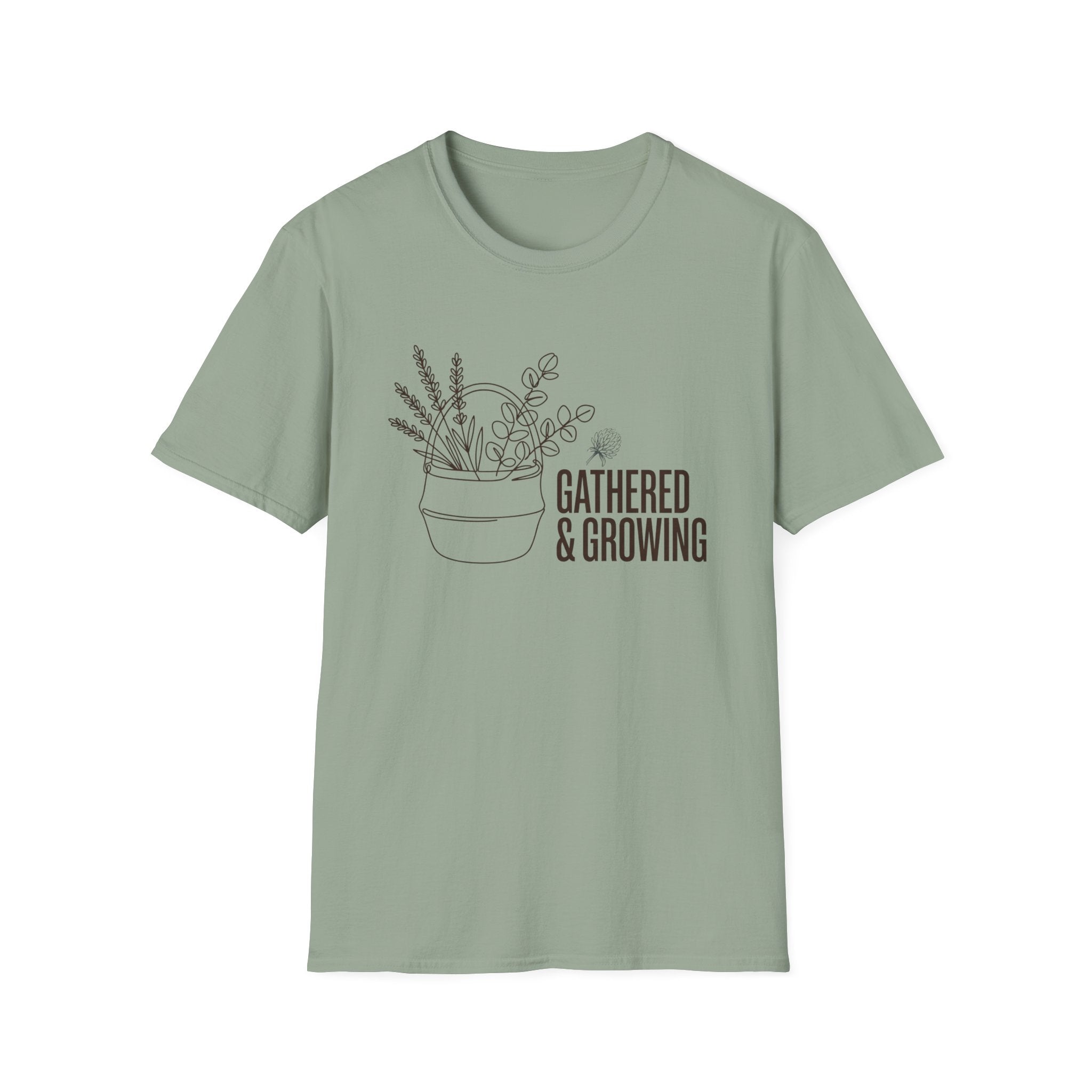 Gathered And Growing homeschool mom graphic t-shirt with a gathered-at-home inspired graphic with books, florals, and cozy family learning details