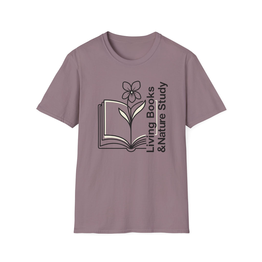 Living Books Nature Study with Flower homeschool mom graphic t-shirt with a Charlotte Mason-inspired design with books, nature details, and vintage homeschool charm