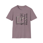 Living Books Nature Study with Flower homeschool mom graphic t-shirt with a Charlotte Mason-inspired design with books, nature details, and vintage homeschool charm