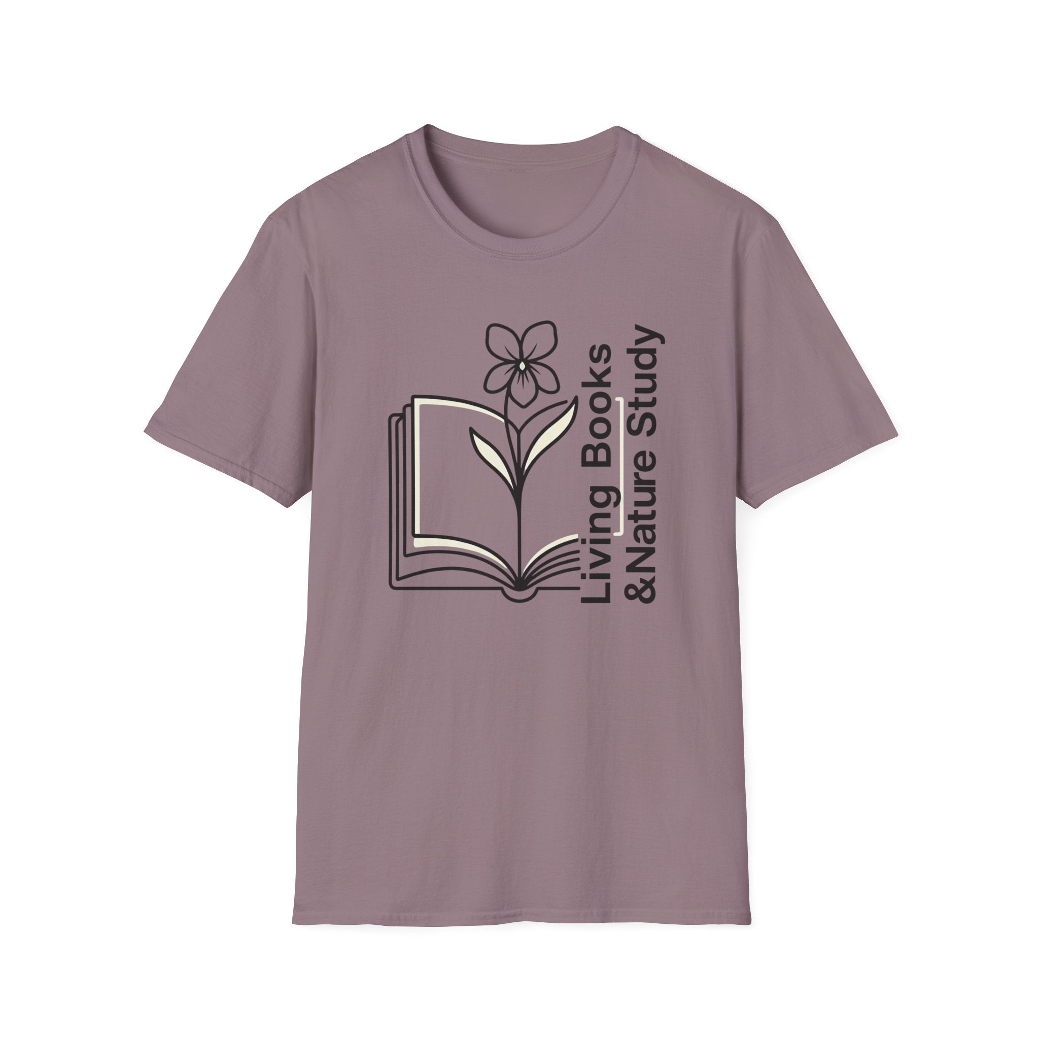Living Books Nature Study with Flower homeschool mom graphic t-shirt with a Charlotte Mason-inspired design with books, nature details, and vintage homeschool charm