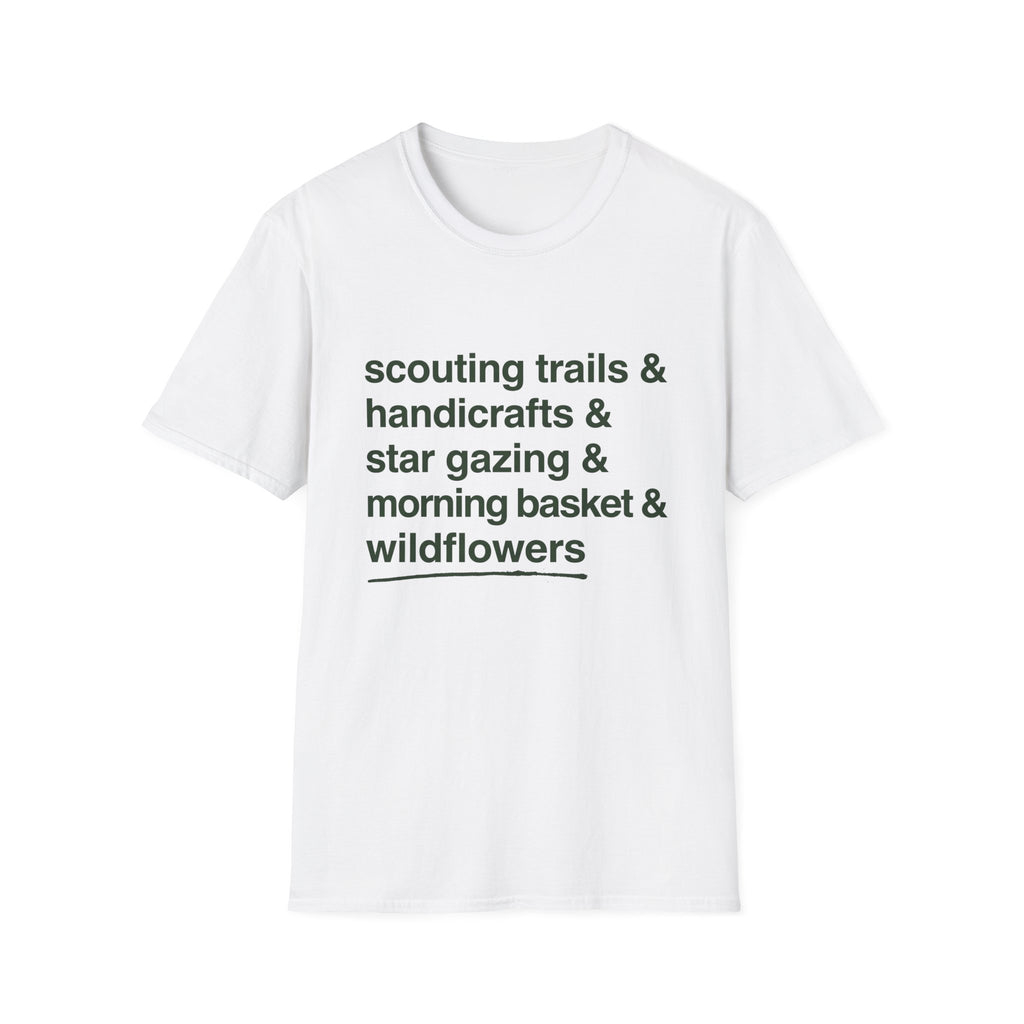 Scouting Trails Check List homeschool mom graphic t-shirt with a playful checklist-style homeschool graphic with bookish and nature-inspired details
