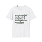 Scouting Trails Check List homeschool mom graphic t-shirt with a playful checklist-style homeschool graphic with bookish and nature-inspired details
