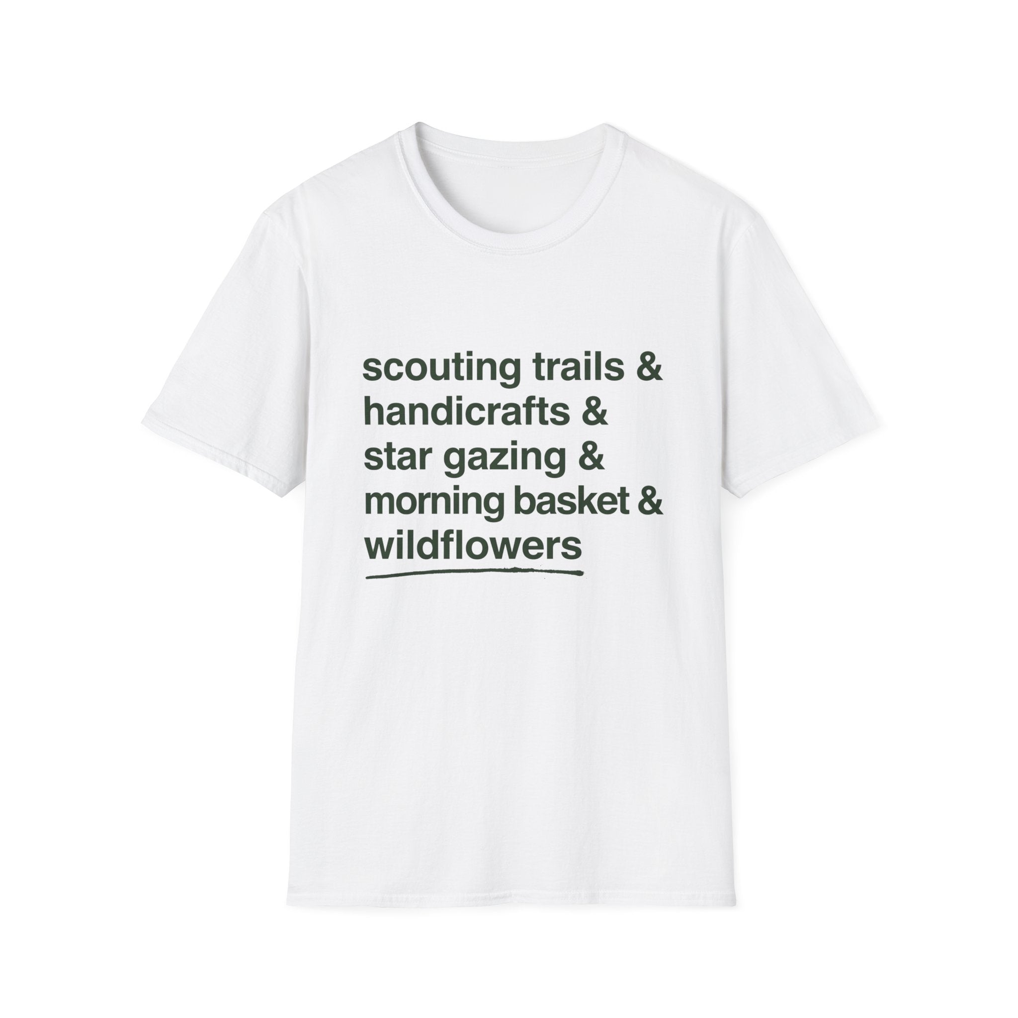 Scouting Trails Check List homeschool mom graphic t-shirt with a playful checklist-style homeschool graphic with bookish and nature-inspired details