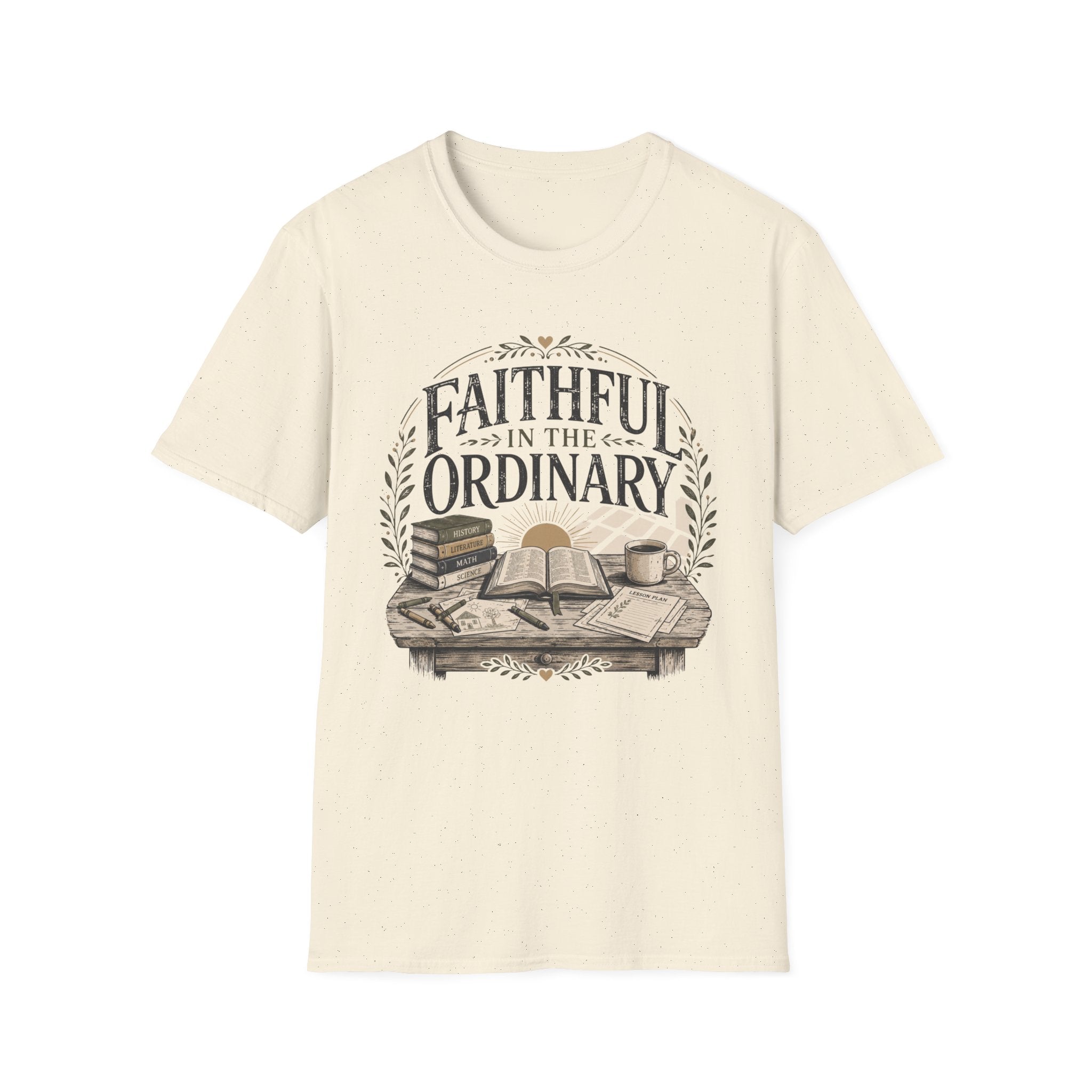 Faithful In The Ordinary homeschool mom graphic t-shirt with a faith-filled homeschool design with gentle lettering and classic illustrative details
