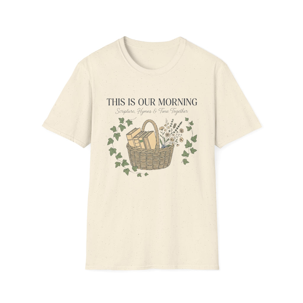 This Is Our Morning homeschool mom graphic t-shirt with a gathered-at-home inspired graphic with books, florals, and cozy family learning details
