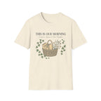 This Is Our Morning homeschool mom graphic t-shirt with a gathered-at-home inspired graphic with books, florals, and cozy family learning details