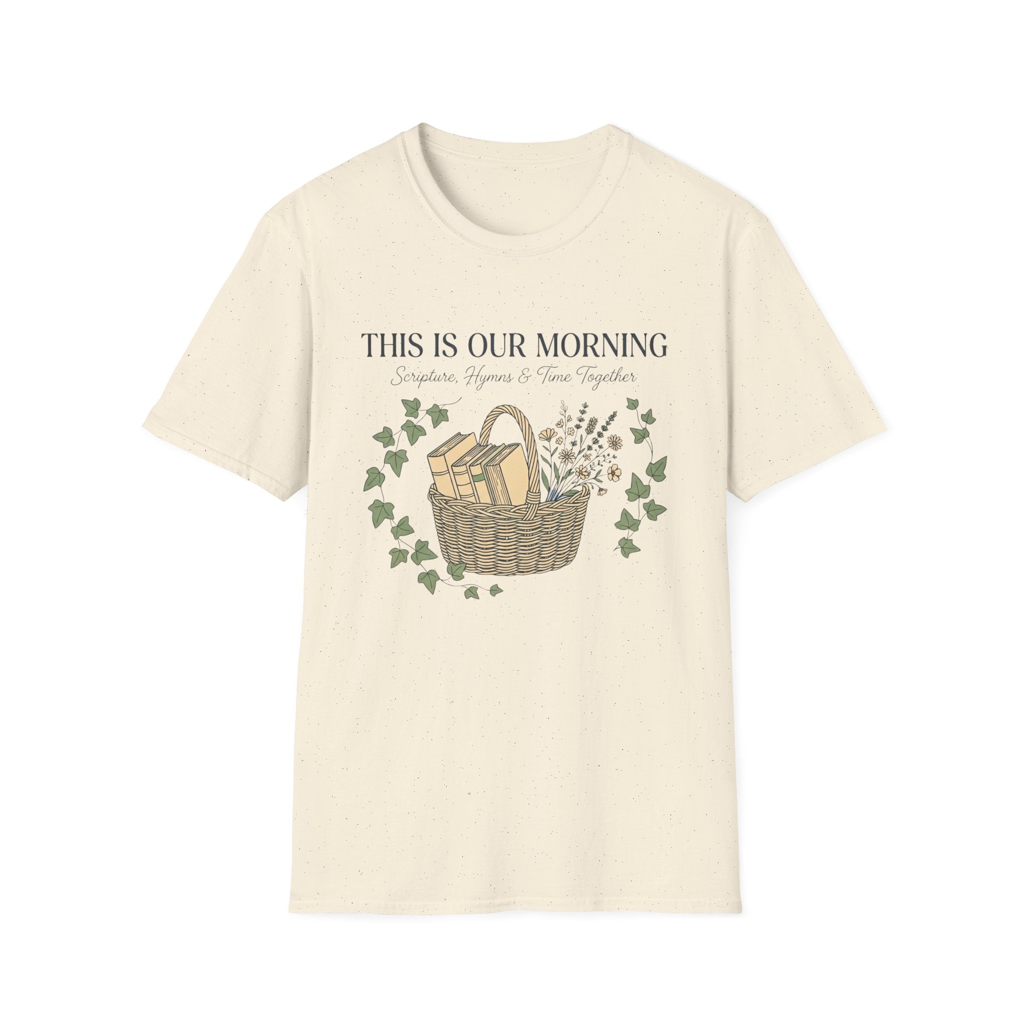 This Is Our Morning homeschool mom graphic t-shirt with a gathered-at-home inspired graphic with books, florals, and cozy family learning details