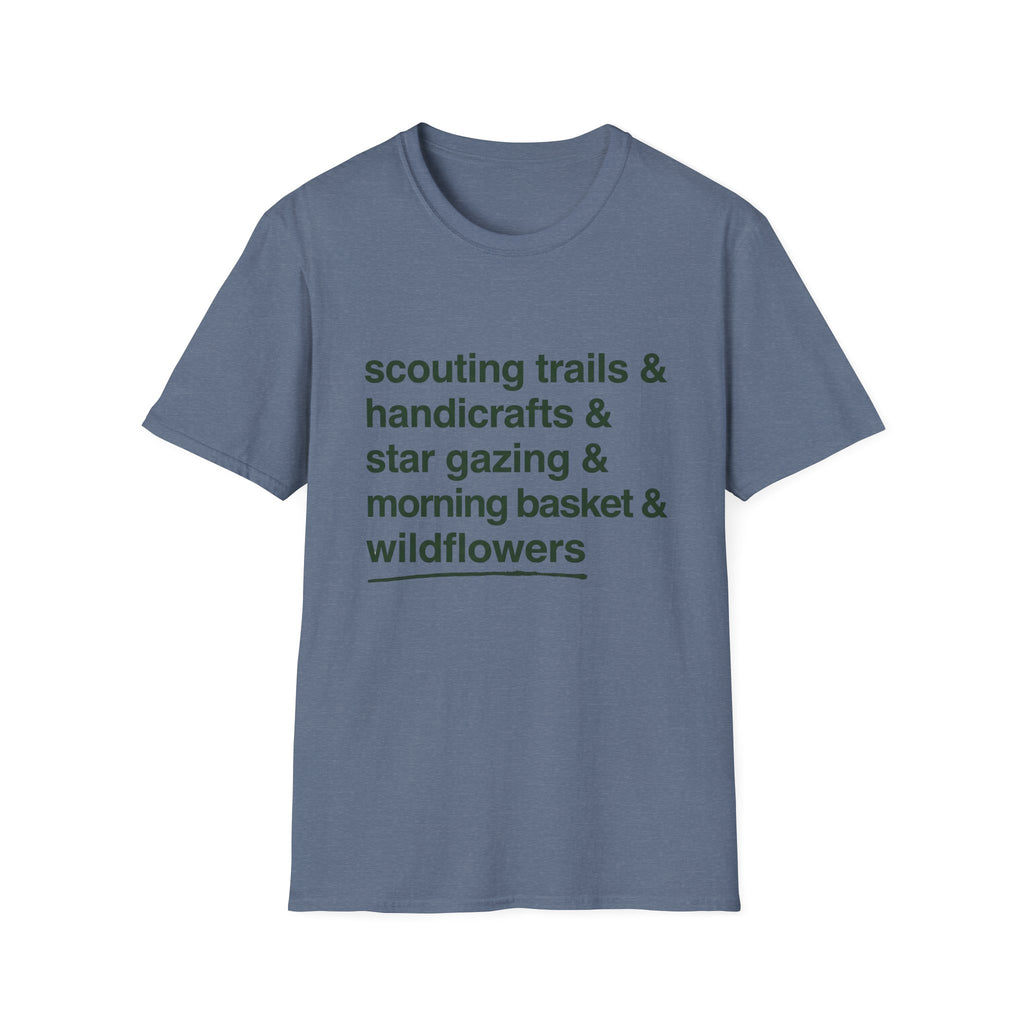 Scouting Trails Check List homeschool mom graphic t-shirt with a playful checklist-style homeschool graphic with bookish and nature-inspired details