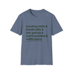 Scouting Trails Check List homeschool mom graphic t-shirt with a playful checklist-style homeschool graphic with bookish and nature-inspired details