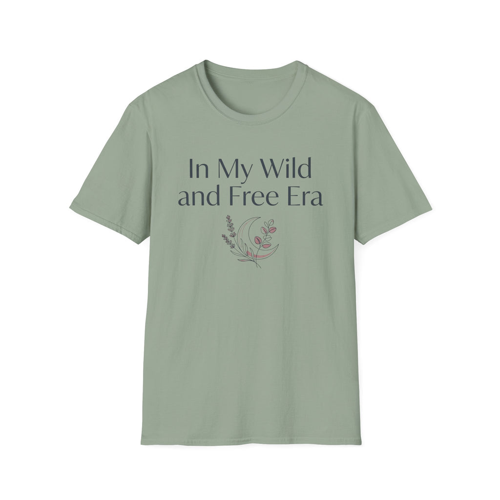 My Wild and Free Era homeschool mom graphic t-shirt with an adventurous homeschool graphic with nature, books, and outdoor learning energy