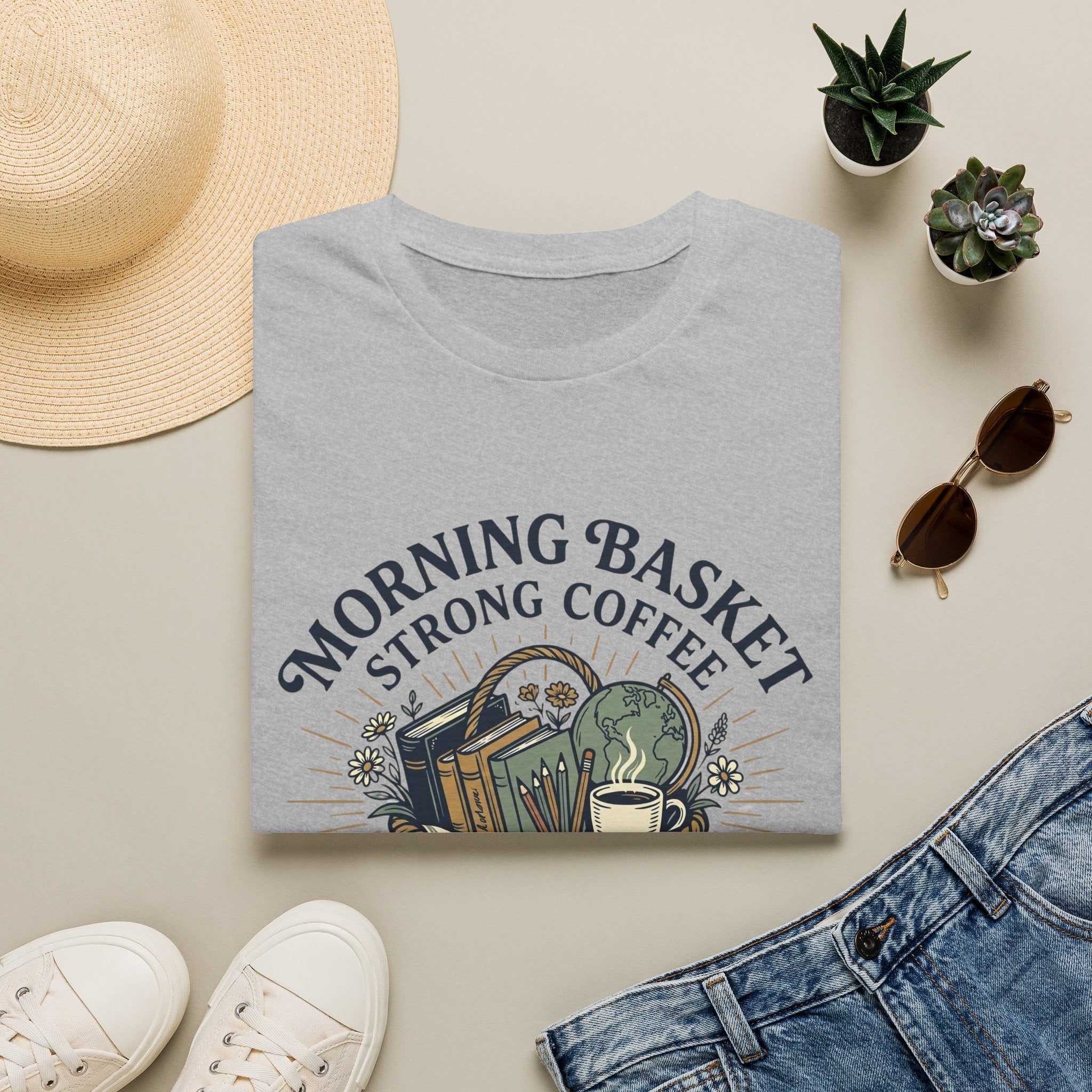 Morning Basket Strong Coffee homeschool mom graphic t-shirt with a cozy morning basket-inspired design with books, gentle details, and home learning charm