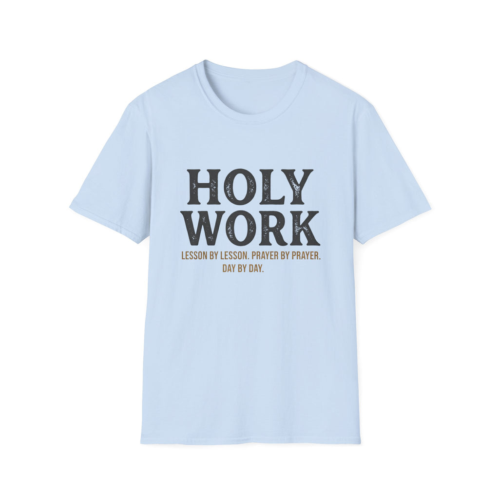 Holy Work homeschool mom graphic t-shirt with a faith-filled homeschool design with gentle lettering and classic illustrative details