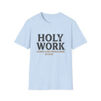 Holy Work homeschool mom graphic t-shirt with a faith-filled homeschool design with gentle lettering and classic illustrative details