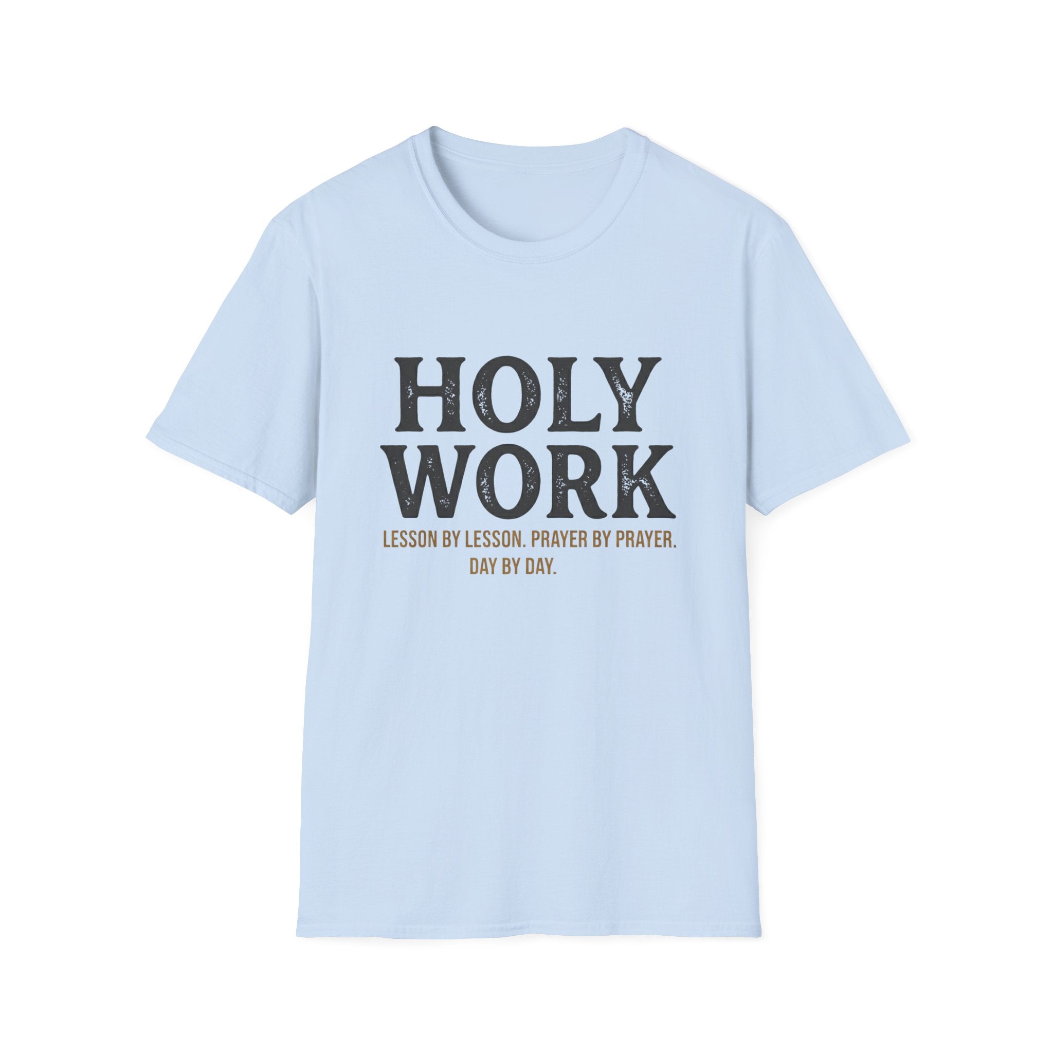 Holy Work homeschool mom graphic t-shirt with a faith-filled homeschool design with gentle lettering and classic illustrative details
