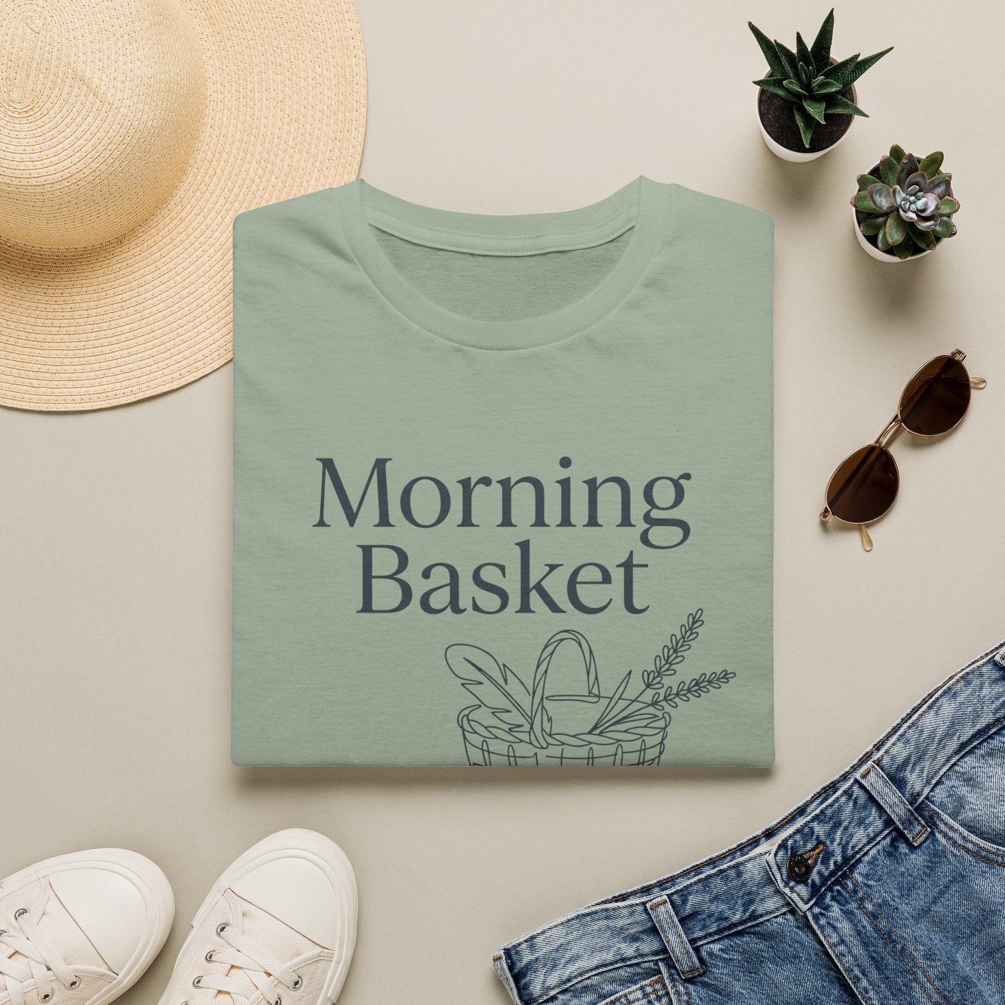 Morning Basket homeschool mom graphic t-shirt with a cozy morning basket-inspired design with books, gentle details, and home learning charm
