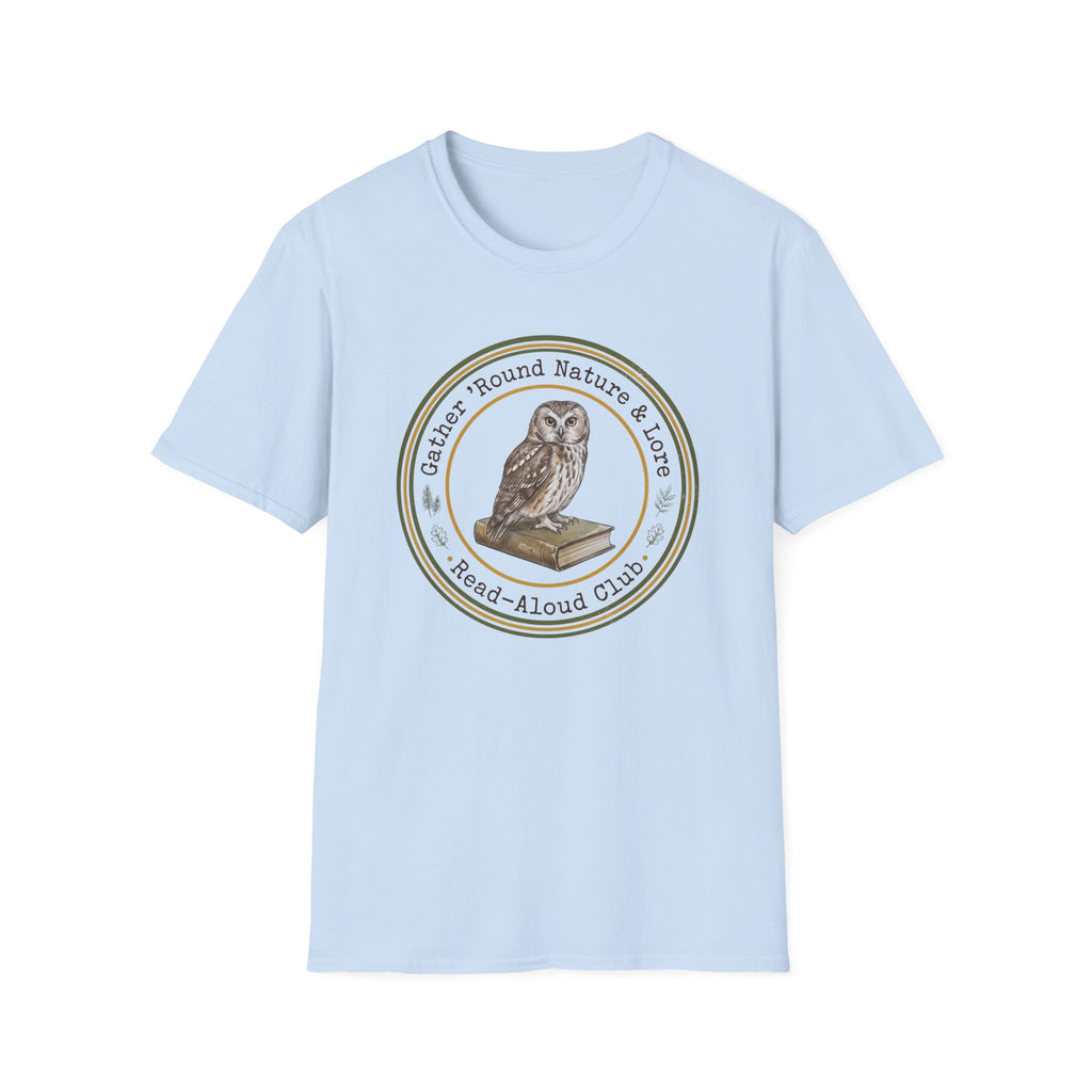 Gather Round Nature & Lore homeschool mom graphic t-shirt with a Charlotte Mason-inspired design with nature details, bookish elements, and classic homeschool lettering