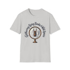 Gathering Living Books homeschool mom graphic t-shirt with a gathered-at-home inspired graphic with books, florals, and cozy family learning details