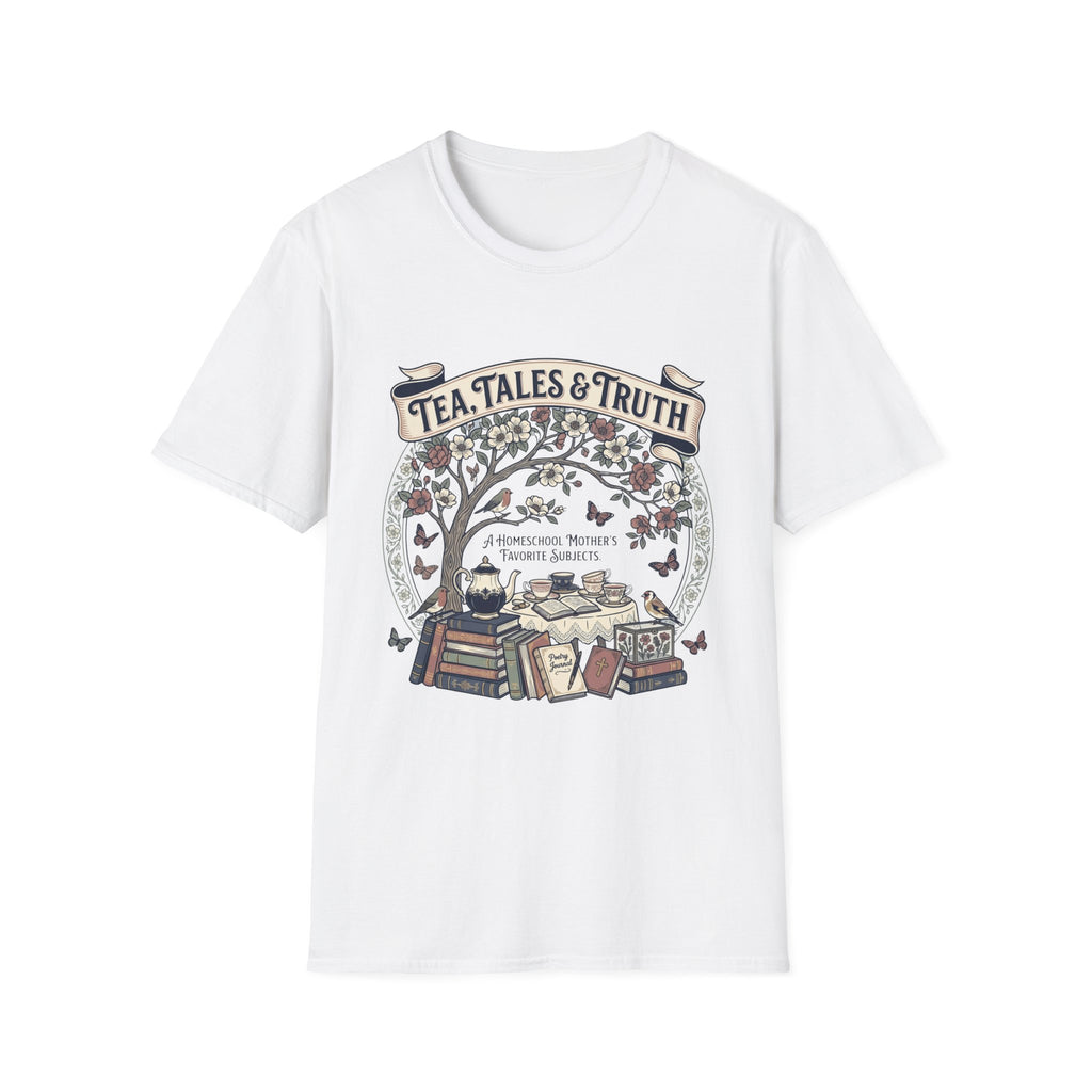 Tea, Tales, & Truth homeschool mom graphic t-shirt with a faith-filled homeschool design with gentle lettering and classic illustrative details