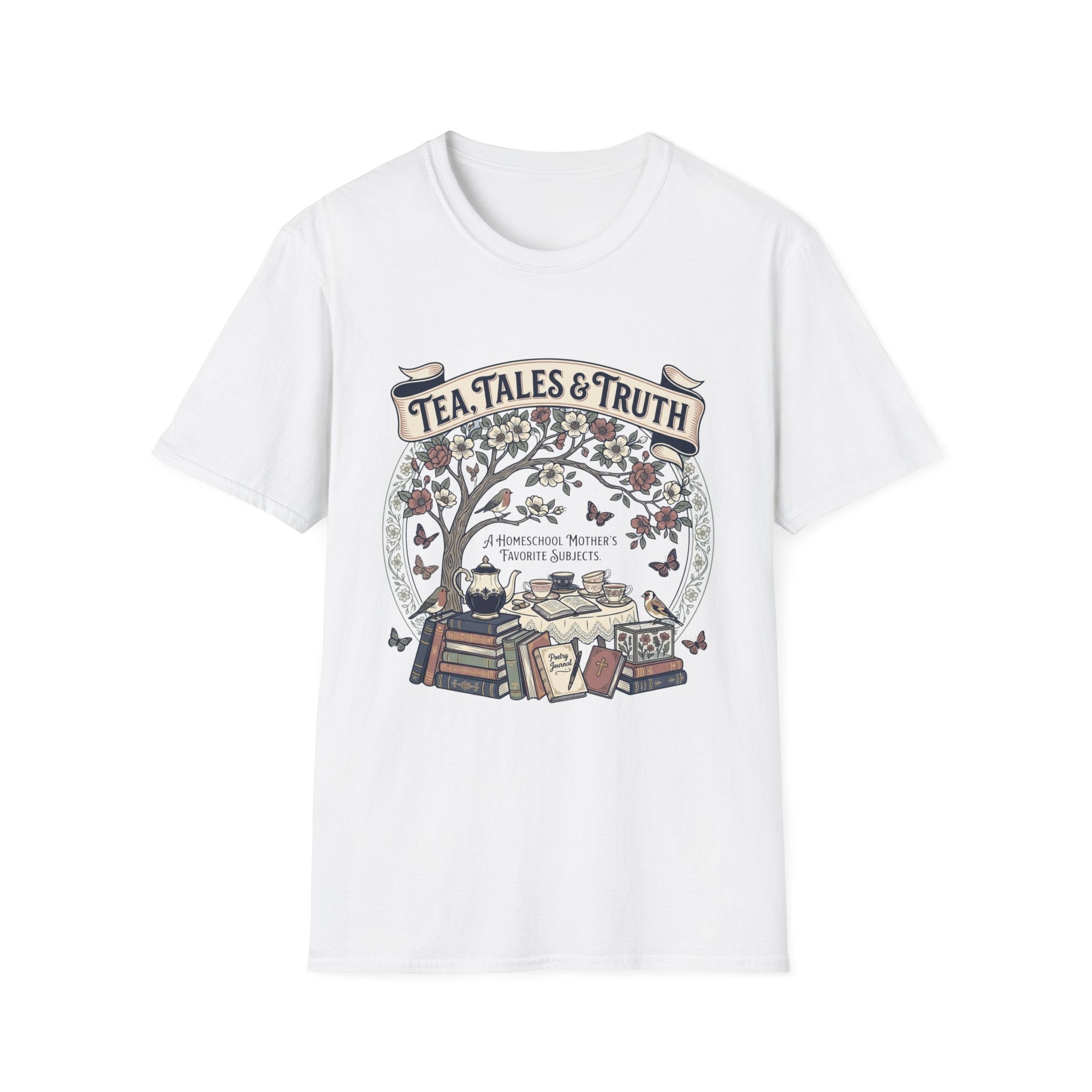 Tea, Tales, & Truth homeschool mom graphic t-shirt with a faith-filled homeschool design with gentle lettering and classic illustrative details