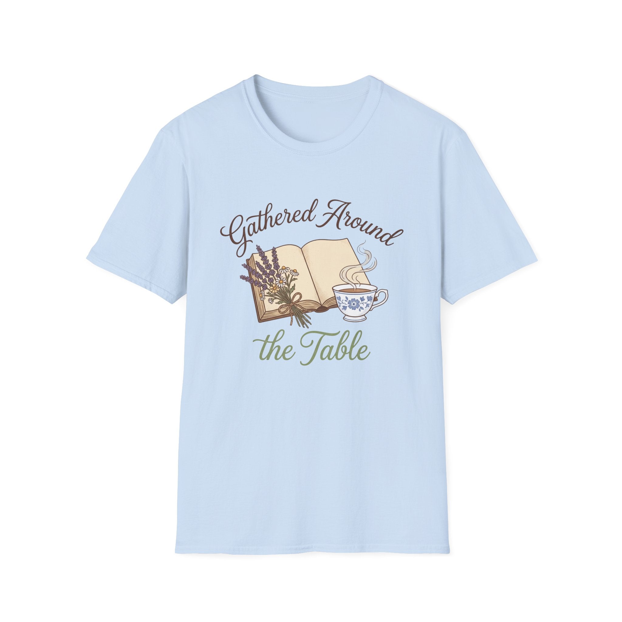 Gathered Around The Table homeschool mom graphic t-shirt with a gathered-at-home inspired graphic with books, florals, and cozy family learning details
