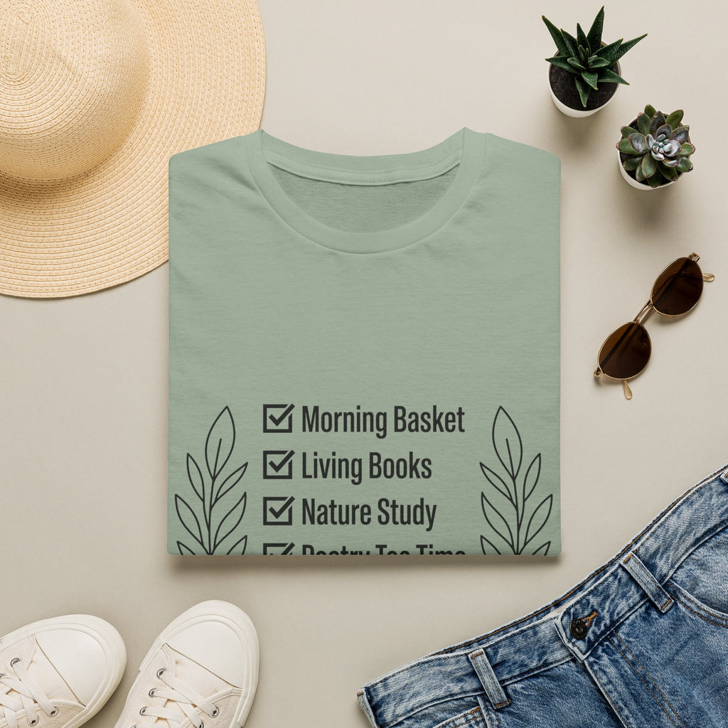 Homeschool Check List homeschool mom graphic t-shirt with a playful checklist-style homeschool graphic with bookish and nature-inspired details
