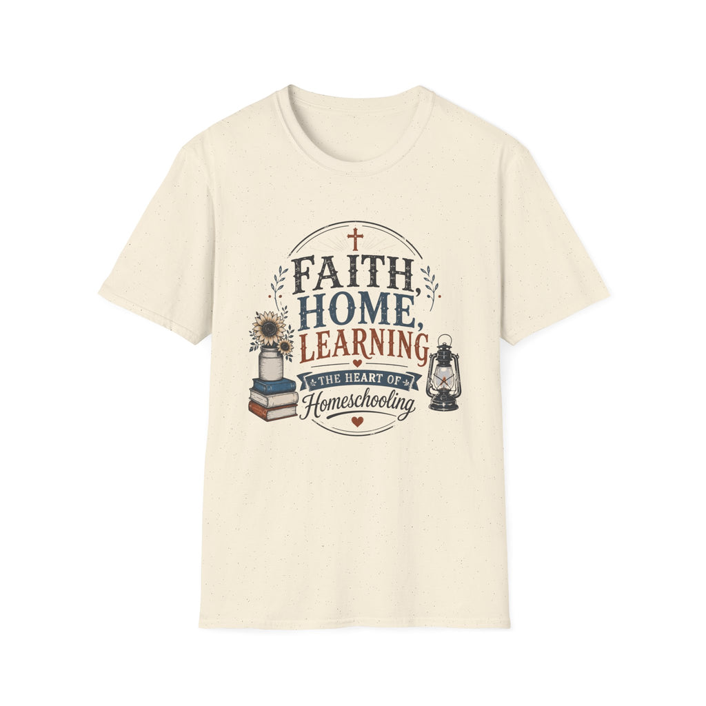 Faith Home Learning homeschool mom graphic t-shirt with a faith-filled homeschool design with gentle lettering and classic illustrative details
