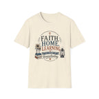 Faith Home Learning homeschool mom graphic t-shirt with a faith-filled homeschool design with gentle lettering and classic illustrative details