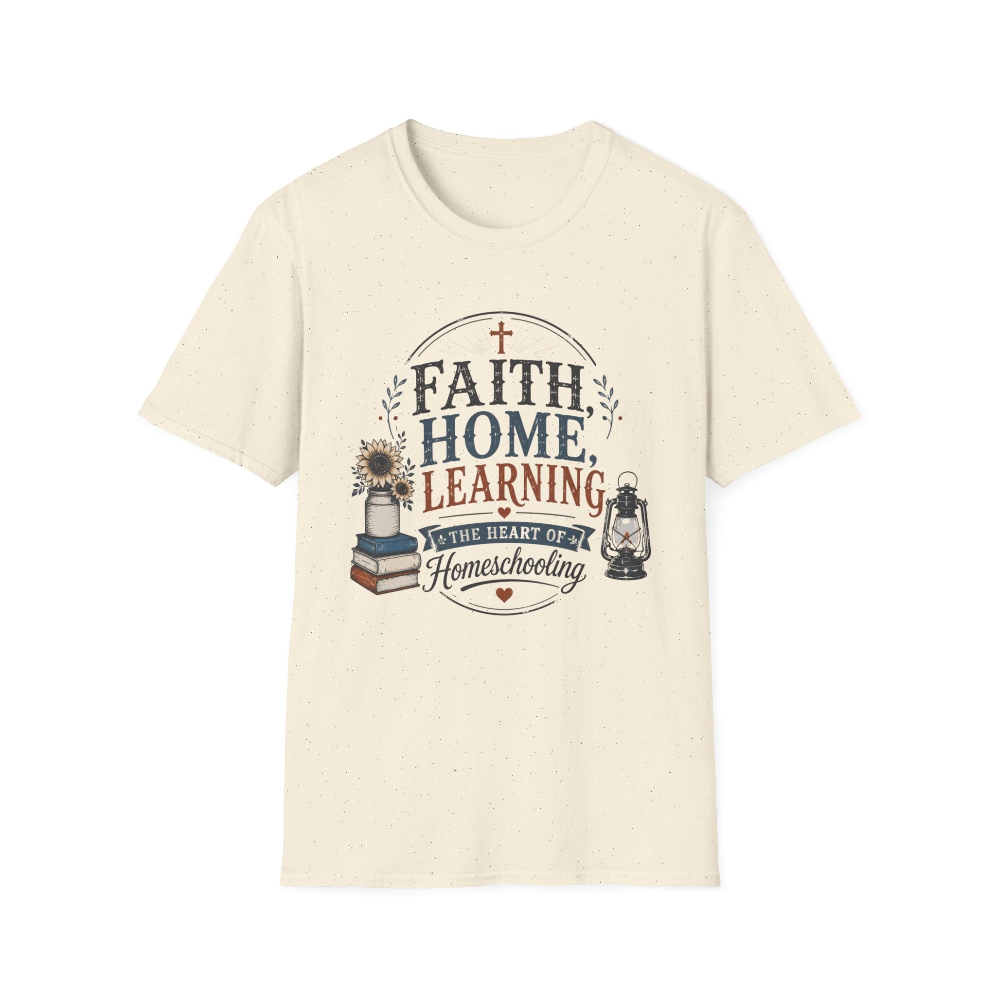 Faith Home Learning homeschool mom graphic t-shirt with a faith-filled homeschool design with gentle lettering and classic illustrative details