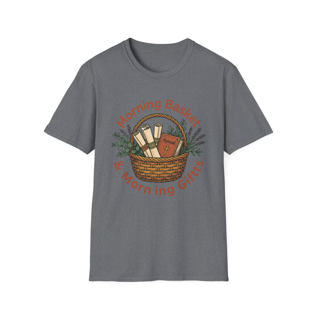 Morning Basket, Morning Gifts homeschool mom graphic t-shirt with a cozy morning basket-inspired design with books, gentle details, and home learning charm