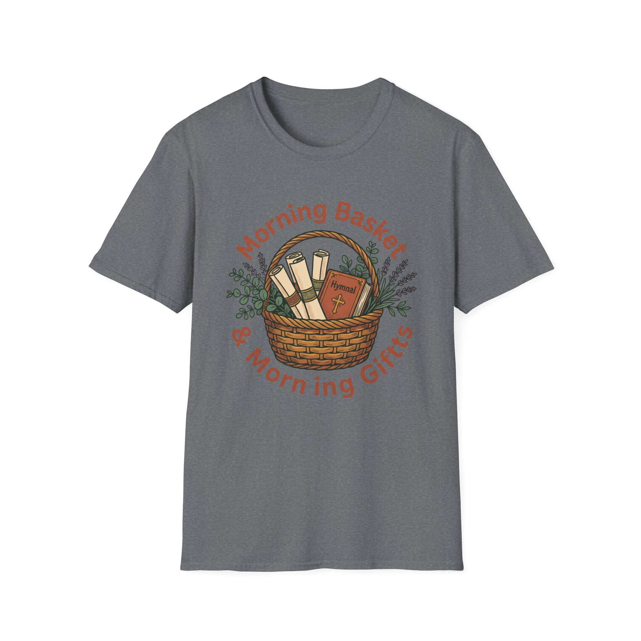 Morning Basket, Morning Gifts homeschool mom graphic t-shirt with a cozy morning basket-inspired design with books, gentle details, and home learning charm