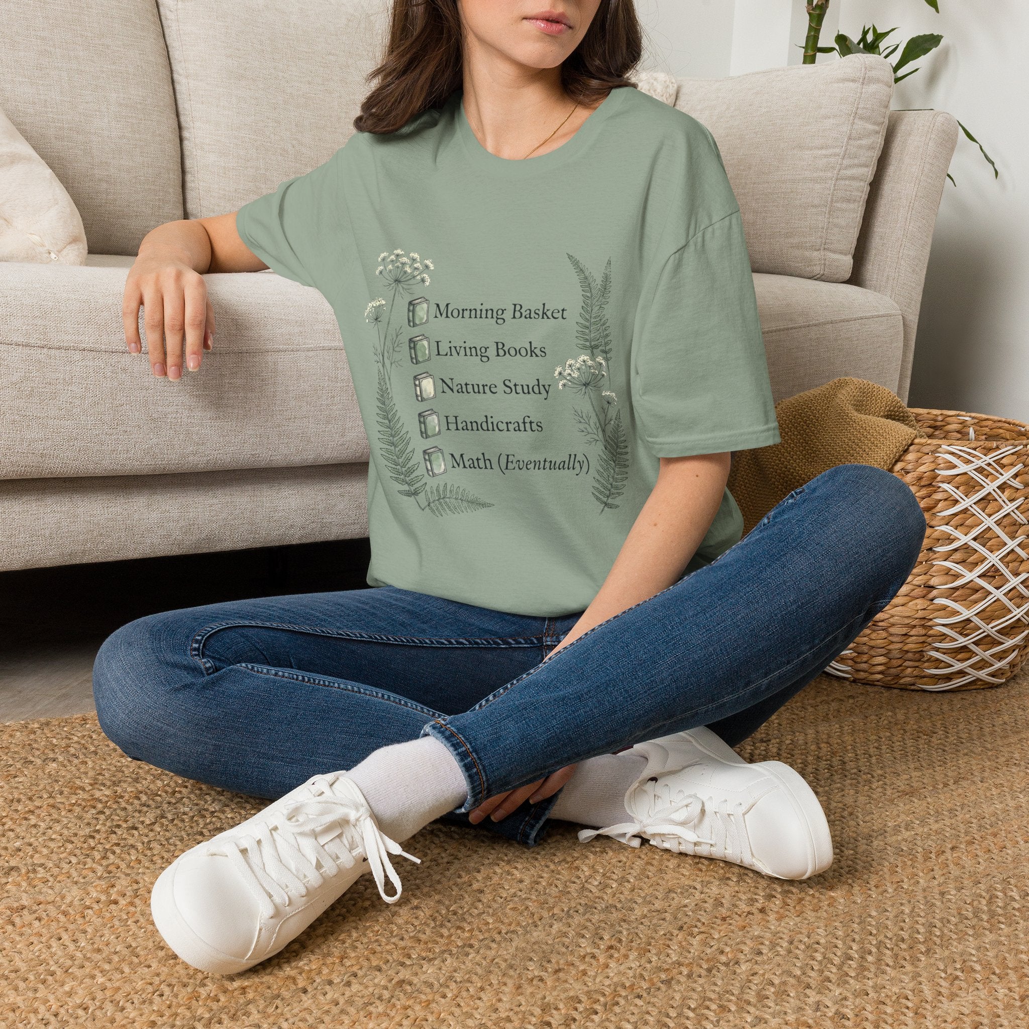 Homeschool Mom Check List homeschool mom graphic t-shirt with a playful checklist-style homeschool graphic with nature-inspired details