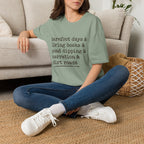 Barefoot Days Check List homeschool mom graphic t-shirt with a playful checklist-style homeschool graphic with bookish and nature-inspired details
