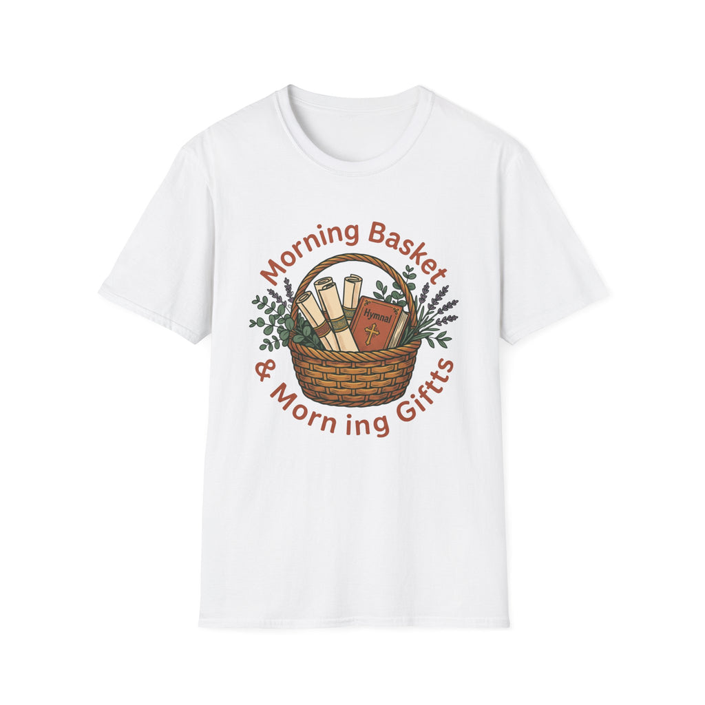 Morning Basket, Morning Gifts homeschool mom graphic t-shirt with a cozy morning basket-inspired design with books, gentle details, and home learning charm