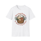 Morning Basket, Morning Gifts homeschool mom graphic t-shirt with a cozy morning basket-inspired design with books, gentle details, and home learning charm